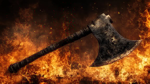 A powerful battle axe set against a fiery, dramatic backdrop. photo