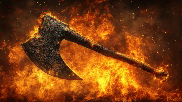 A glowing axe immersed in flames, showcasing intricate designs. photo