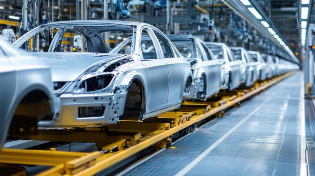 A factory assembly line showcasing silver car frames in production. photo