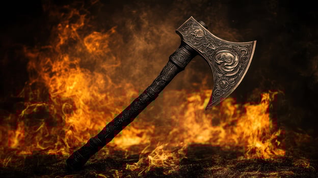 A beautiful ornate axe against a fiery, dramatic background. photo
