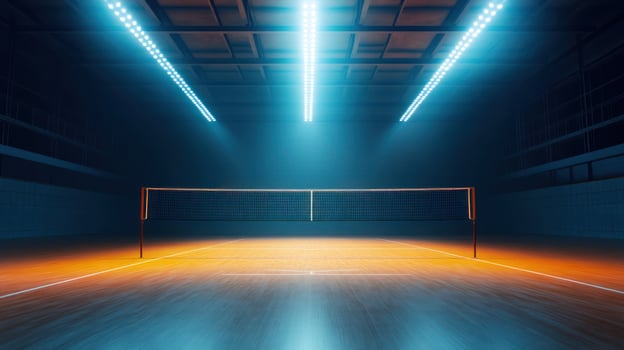 A well-lit indoor badminton court with vibrant blue tones. photo