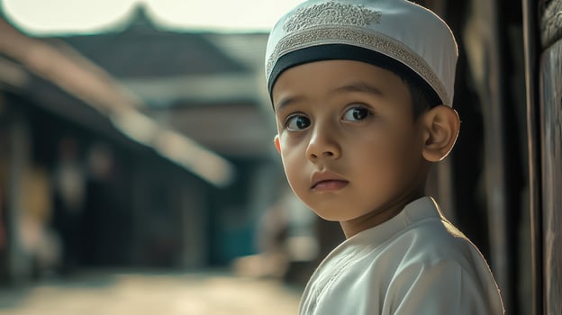 A young boy in traditional wear gazes thoughtfully back. photo