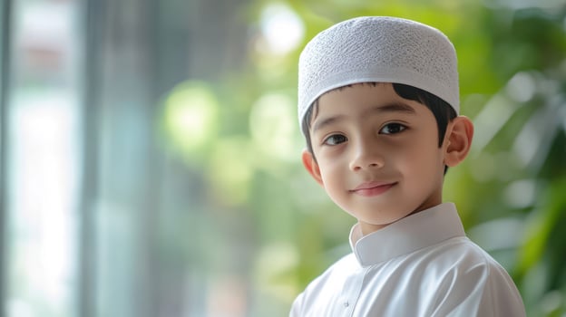 A smiling boy in traditional white attire with a serene background. photo