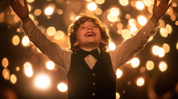 A joyful boy in a tuxedo, celebrating under glowing lights. photo