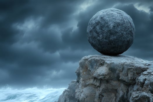 Mysterious stone sphere balanced on a rugged cliff amidst stormy skies. photo