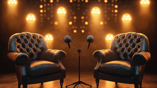 A cozy stage with two leather chairs and microphones set for an interview. photo