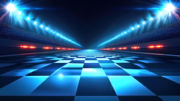 A dynamic checkered racing track illuminated by blue lights. photo