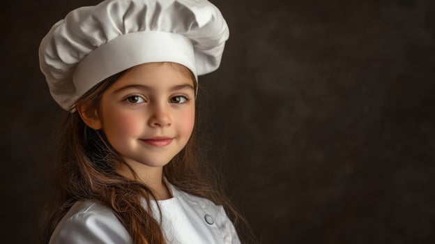 A young chef smiles confidently in a white chef's hat. photo