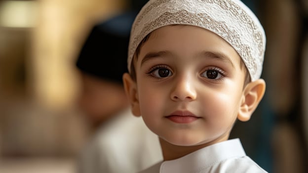A close-up portrait of a boy in traditional attire, exuding innocence. photo