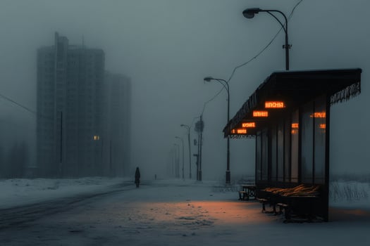 Foggy winter night at a mysterious bus stop blends silence and solitude. photo