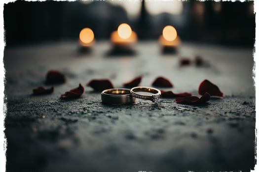 Romantic wedding rings surrounded by rose petals and soft candlelight glow. photo