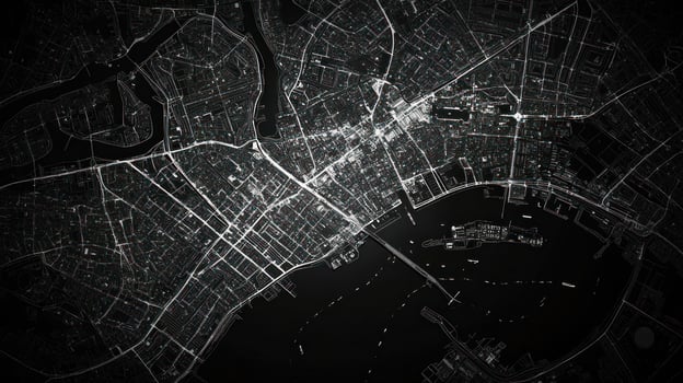 Aerial view of a city map at night in a black and white style. photo