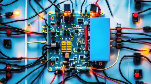 Close-up of a circuit board with interconnected wires and glowing lights. photo
