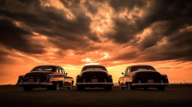 Silhouettes of classic cars against a dramatic sunset backdrop. photo