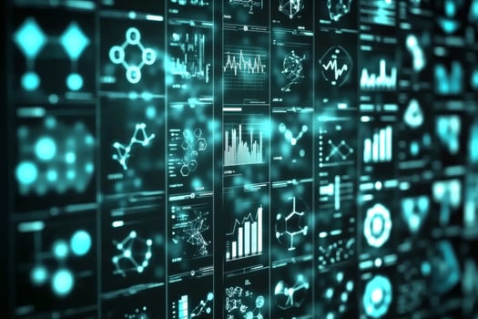 Visual data displays illuminate a futuristic analytical workspace. photo