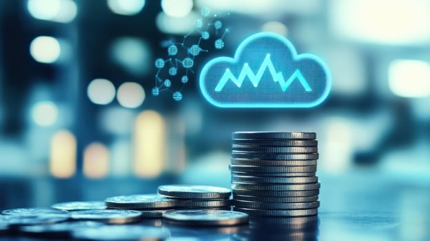 Digital finance concept with coins and cloud analytics in modern style. photo