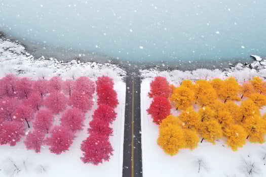 Vibrant winter landscape with colorful trees lining the snowy road by a lake. photo