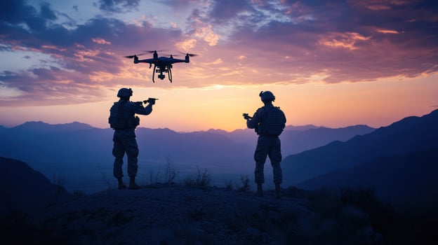 Silhouetted soldiers operate a drone at sunset in mountainous terrain. photo