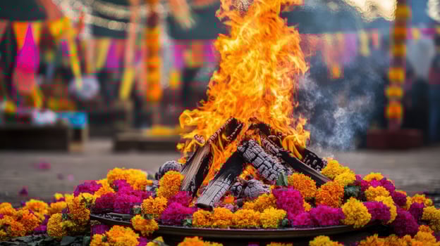A vibrant bonfire surrounded by colorful flowers at a festive gathering. photo