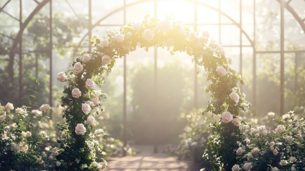 A beautiful rose arch in a sunlit greenhouse, surrounded by blooming flowers. photo