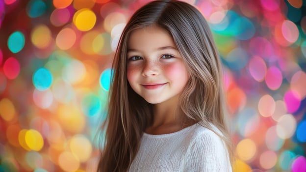 A cheerful girl smiling softly against a vibrant bokeh background. photo