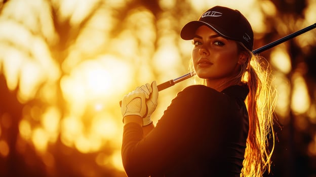 A confident female golfer prepares to swing at sunset. photo