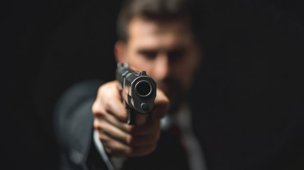 A man in a suit points a handgun, creating a tense atmosphere. photo