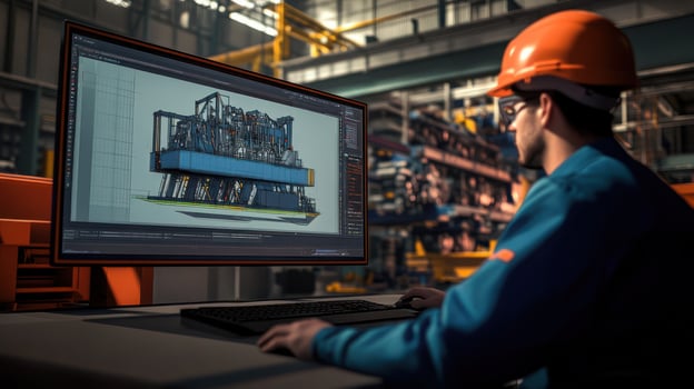 An engineer in an orange helmet designs machinery on a computer. photo