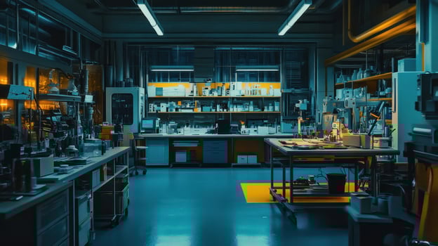 A modern laboratory workspace illuminated with bright fluorescent lights. photo