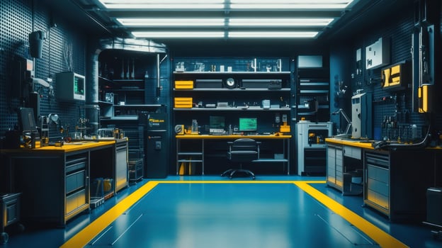 A modern tech workshop filled with organized tools and equipment. photo
