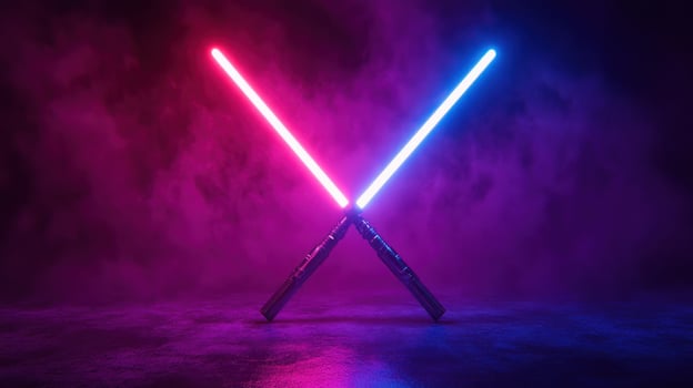 Crossed glowing lightsabers in a vibrant, smoky atmosphere. photo