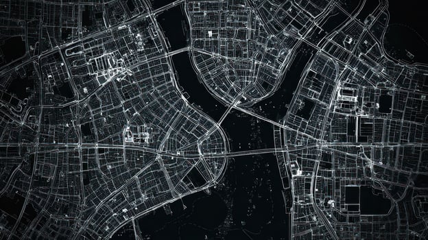 Aerial view of a city's intricate road and waterway layout. photo