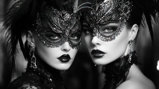 Two elegantly masked women in a dramatic black and white portrait. photo