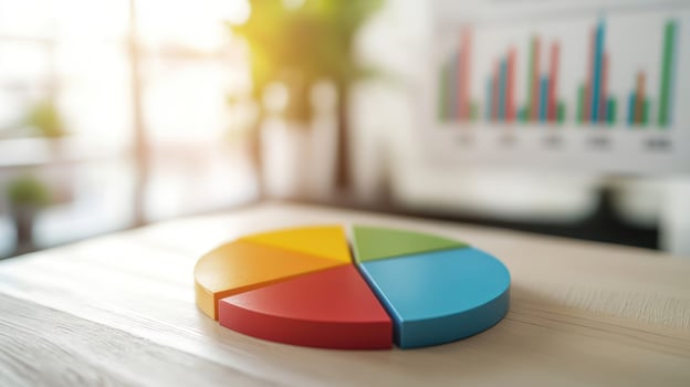 Colorful pie chart on a desk with graphs in the background. photo