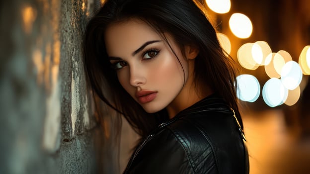A stylish woman poses against a wall with soft city lights behind. photo