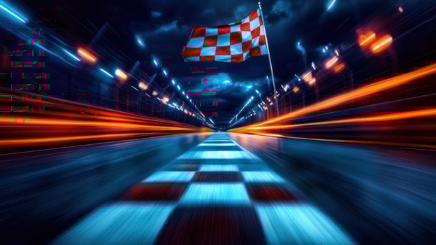 A vibrant night scene capturing speed at a racing finish line. photo