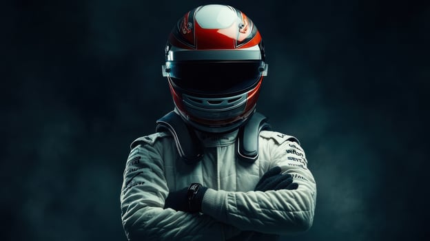 A confident race car driver in a helmet, poised for action. photo