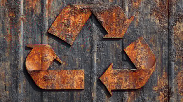 Rusty recycling symbol on a weathered metal surface. photo