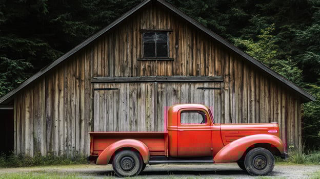 A classic red truck parked beside a rustic wooden barn. photo