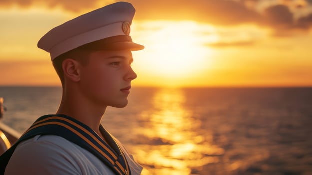 A sailor gazes at a vibrant sunset over the tranquil sea. photo