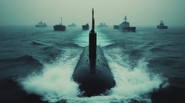 A submarine navigating through a foggy ocean with ships in the background. photo