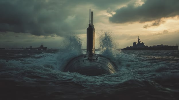 A submarine cuts through turbulent waters at sunset, amid a dramatic sky. photo