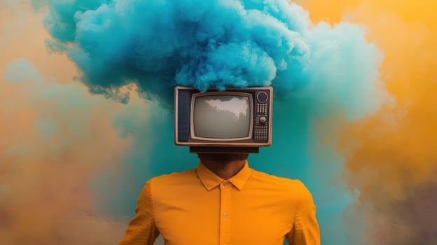 A surreal image of a figure with a vintage TV for a head in vibrant colors. photo