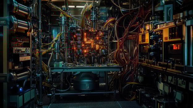 A complex, illuminated machine showcasing advanced technology. photo