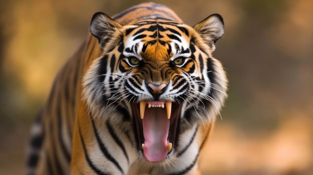 A fierce tiger roaring, showcasing its strength and vibrant stripes. photo
