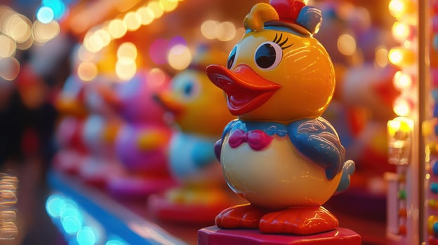 Colorful rubber duck toy at a carnival, radiating playful nostalgia. photo