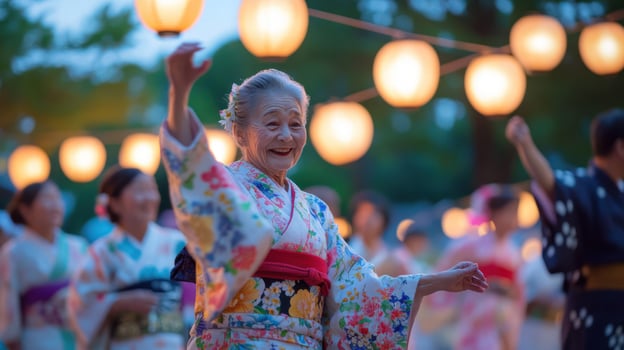 An elderly woman joyfully dances at a summer festival, surrounded by lanterns. photo