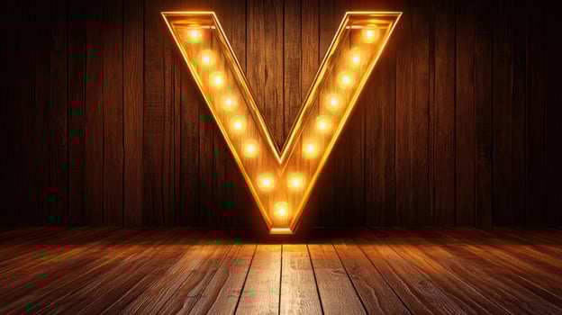 Illuminated vintage letter 'V' on a wooden background. photo