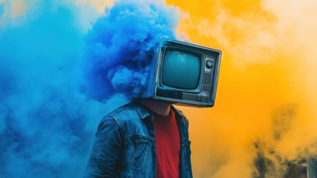 A person with a vintage TV for a head surrounded by colorful smoke. photo