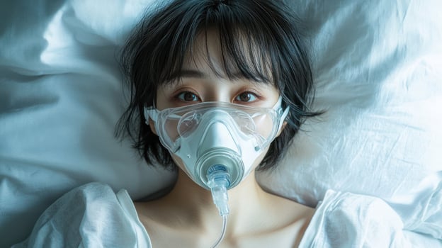 A woman wearing a respiratory mask, lying on a bed, looking upwards. photo